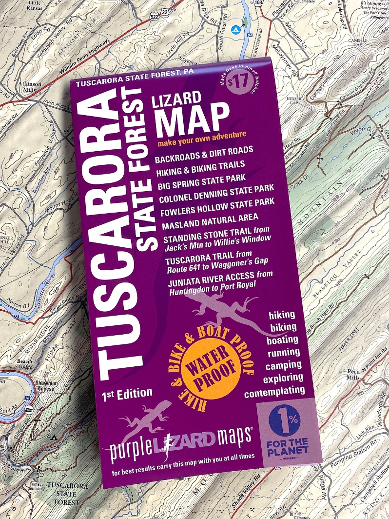 Product Description: This nearly 100,000 acre State Forest,just northwestof Harrisburg, PA connectsthe Rothrock, Raystown and Michaux Lizard Maps and offers miles of trails and gravel roads making it a perfect destination foryour Pennsylvania adventures.</br></br>A beautifully designed, easy to read topographic map featuring contour lines, elevation data, shaded relief, and all the details you need to plan your adventures: backroads and trails, trail use designations, road surfaces (paved/gravel/administrative), parking access, campsites, public lands, historic sites and more.</br></br>Lizard Maps are durable, waterproof, and give you the big picture – the map opens to 24” x 36” and folds easily to 4” x 8” to fit in your back pocket. The scale is 1:63,119 (1 inch = 1 mile) and includes both lat/lon and UTM coordinate systems.</br> Tuscarora State Forest - Lizard Map
