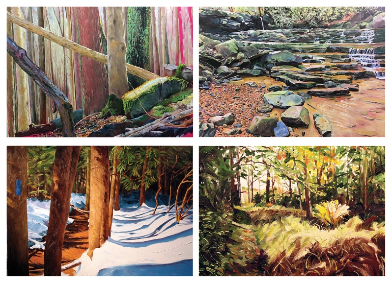 Product Description: Set of eight 5”x7” greeting cards with envelopes</br></br>Blank inside, printed on 14 pt card stock, and packaged in a recyclable PET box</br></br>Two copies of four different oil paintings by Stuart Thompson of Pennsylvania hiking trails including:</br></br>• Along the Baughman Trail, Ohiopyle State Park</br></br>•Along the Jonathan Run Trail, Ohiopyle State Park</br></br>•Along the Laurel Highlands Hiking Trail</br></br>•Red Blaze, Black Forest Trail</br> Greeting Card Set