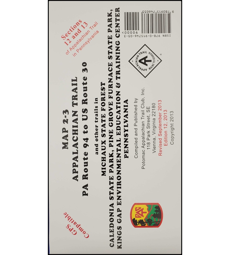 Product Description: PA Route 94 to US Route 30 and other trails in Michaux State Forest, Caledonia State Park, Pine Grove Furnace State Park, Kings Gap Environmental Education & Training Center, PA. All maps show route of AT with elevation profiles, side trails, and other general information. Compiled and Published by Potomac Appalachian Trail Club. GPS compatible. 12th edition(2013); multi-colored, on heavyweight stock; folded 4" x 8.5".</br> Appalachian Trail PA Sec 12-13 Map