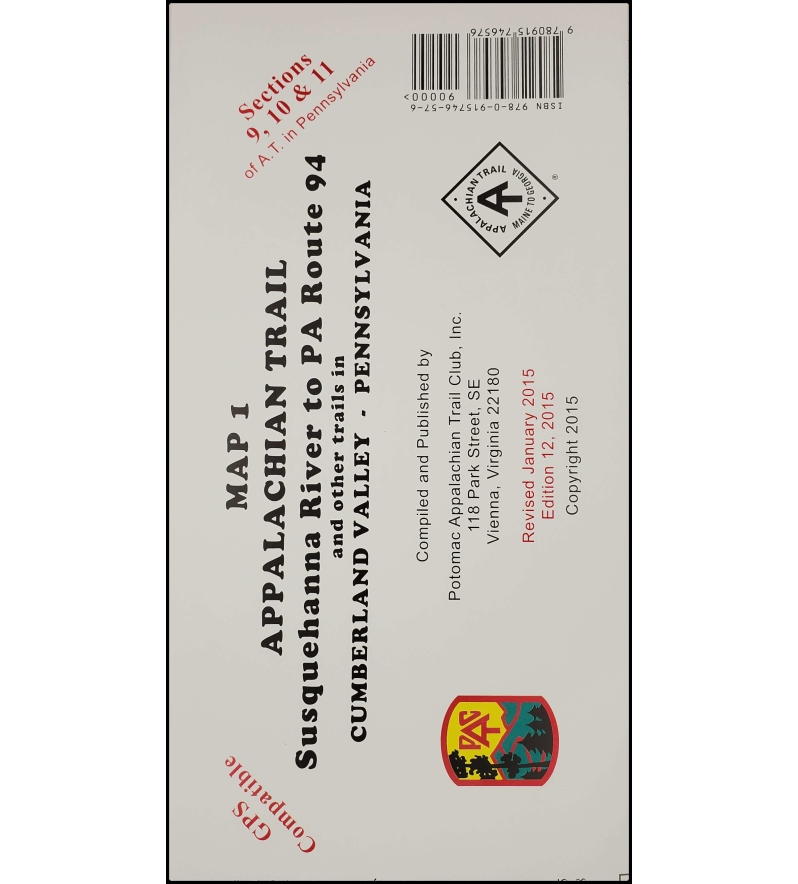 Product Description: Susquehanna River to PA Route 94 and other trails in Cumberland Valley, PA. All maps show route of AT with elevation profiles, side trails, and other general information. Compiled and Published by Potomac Appalachian Trail Club. GPS compatible. 12th edition(2015); multi-colored, on heavyweight stock; folded 4" x 8.5".</br> Appalachian Trail PA Sec 9-11 Map