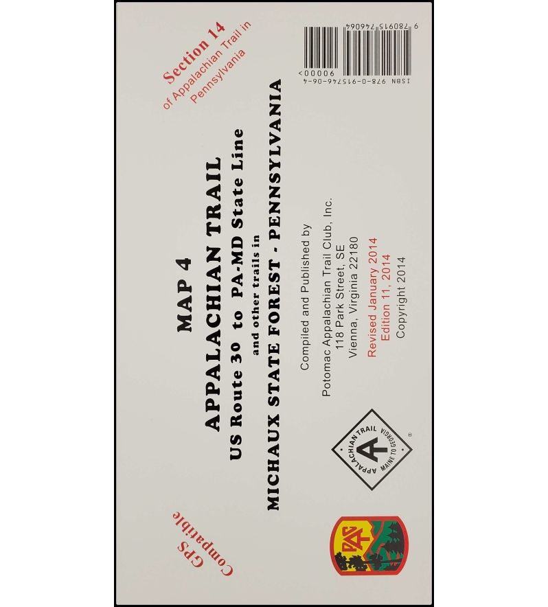 Product Description: US Route 30 to PA-MD State Line and other trails in Michaux State Forest, PA. All maps show route of AT with elevation profiles, side trails, and other general information. Compiled and Published by Potomac Appalachian Trail Club. GPS compatible. 11th edition(2014); multi-colored, on heavyweight stock; folded 4" x 8.5".</br> Appalachian Trail Sec 14 Map