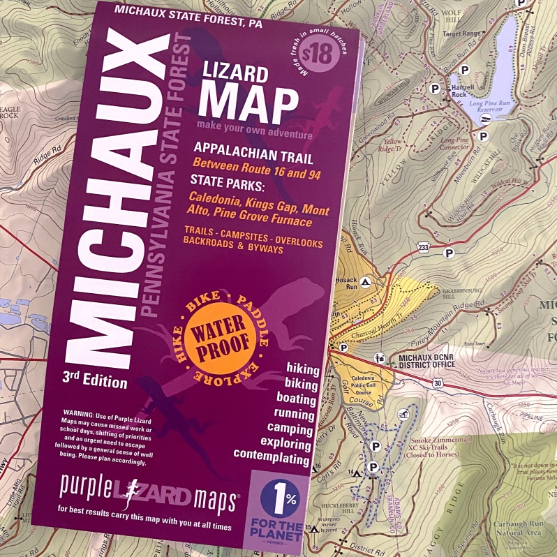 Product Description: The Michaux Lizard Map will help you plan all your adventures in and around Michaux State Forest, one of the most popular outdoor recreation playgrounds in Pennsylvania. Michaux's 85,000 + acres of public land offers something for everyone!</br></br>A beautifully designed, easy to read topographic map featuring contour lines, elevation data, shaded relief, and all the key details you need to plan your adventures: backroads and trails, trail use designations, road surfaces (paved/gravel/4wd), parking access, campsites, public lands, historic sites and more.</br></br>The Michaux Lizard Map covers the northern region from Shippensburg to Mount Holly Springs and south to Biglerville and Waynesboro PA.</br></br>Durable, waterproof, and gives you the big picture – the map opens to 24” x 36” and folds easily to 4” x 8” to fit in your back pocket. The scale is 1:37,270 (1.7 inches = 1 mile). Includes both lat./lon. and UTM coordinate systems.</br> Michaux - Lizard Map