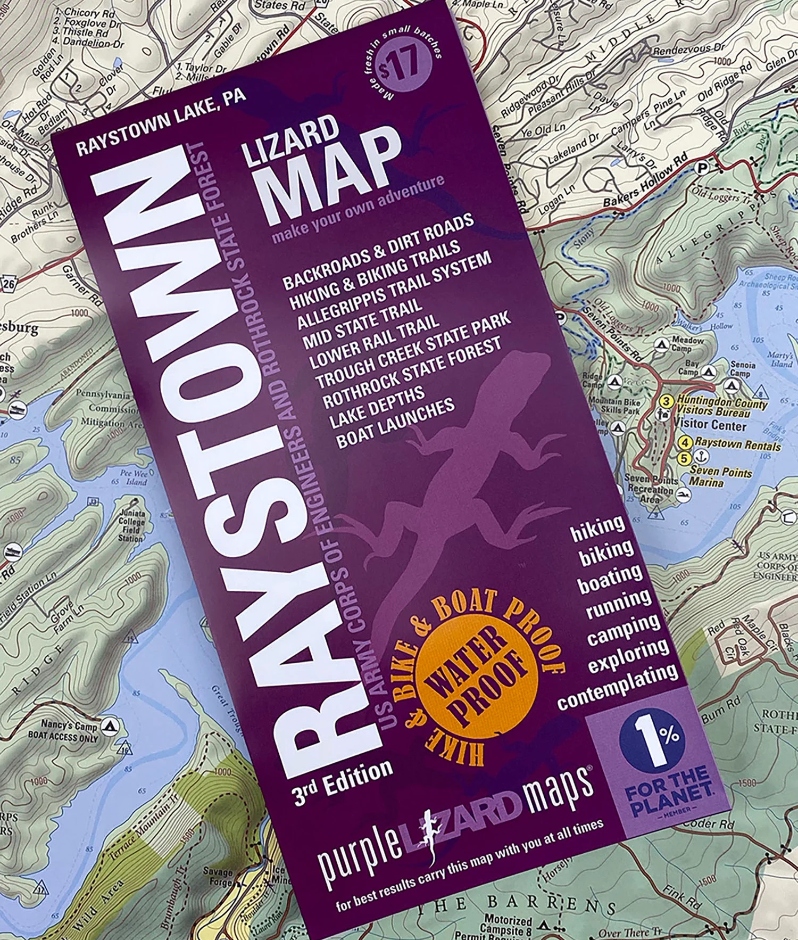 Product Description: the Raystown Lizard Map will help you plan all your adventures on and around raystown lake. in addition to boasting one of the most action-packed recreational lakes in the region, Raystown has one of the best mountain bike trail systems in North America.</br></br>A beautifully designed, easy to read topographic map featuring contour lines, elevation data, shaded relief, lake depths, lake navigation markers, and all the key details you need to plan your adventures: backroads and trails, trail use designations, road surfaces (paved/gravel/4wd), parking access, campsites, public lands, historic sites and more.</br></br>Lizard Maps are durable, waterproof, and give you the big picture – the map opens to 24” x 36” and folds easily to 4” x 8” to fit in your back pocket. The Raystown Lizard Map covers all of Raystown Lake on one side, the scale is 1:45,135 (1 inch = 0.7 mile). A detailed map of the Allegrippis Trail System and Trough Creek State Park is on the other side, the scale is 1:22,588 (1 inch = 0.4 mile). Includes both lat./lon. and UTM coordinate systems.</br> Raystown - Lizard Map