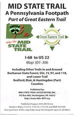 Product Description: I-68 to US 22</br></br>Including other trails in and around Buchanan State Forest, SGL 73, 97, & 118, and Lower Trail. Bedford, Blair, & Huntingdon (Part) Counties. Published by Mid State Trail Association (2022). Replaces Map 301-306.</br> Mid State Trail Map 300-306