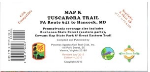 Product Description: PA Route 641 to Hancock, MD. Pennsylvania coverage also includes Buchanan State Forest (eastern parts), Cowans Gap State Park & Great Eastern Trail. GPS compatible. 4th edition (2013);multi-colored, on heavyweight waterproof stock; 17" x 32", folded to 4" x 8.5"; elevation profile.</br> Tuscarora Trail Map K (Sections 6-10)