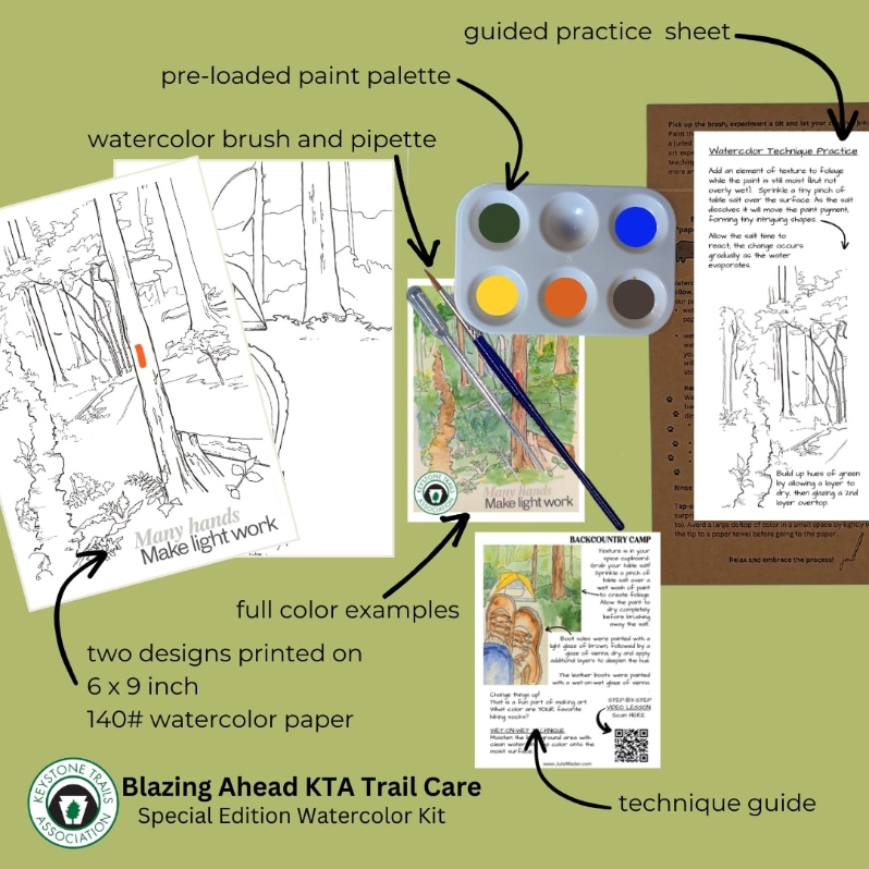 Product Description: D.I.Y. watercolor kits, specifically designed for the KTA "Blazing Ahead" Webinar. Proceeds support the KTA Trail Care program.</br>Each "have no fear" kit includes two designs printed on watercolor paper and the materials needed to explore watercolor painting with a connection to the beauty of KTA's Trail Care program.</br></br>Join us on January 7, 2025, at 6:00 p.m. for a KTA Webinar on "Blazing Ahead," a KTA Trail Care Watercolor.</br>Recieve watercolorpainting instruction by PA Wilds artist Julie Mader and an introduction to trail care blazing by KTA Trail Care Manager Jenn Ulmer.</br>Register at:https://ktahike.app.neoncrm.com/nx/portal/neonevents/events#/events/10238</br></br>Available for pre-order. Kits ordered by Dec 15 will ship in time for christmas.Kits ordered by Dec 30 will ship in time for the instructional webinar.</br> Watercolor Kit - Blazing Ahead KTA Trail Care